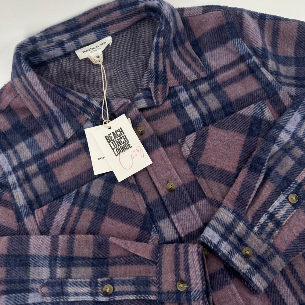 Beachlunchlounge Cozy Shacket Plaid Flannel Purple Navy Small NWT